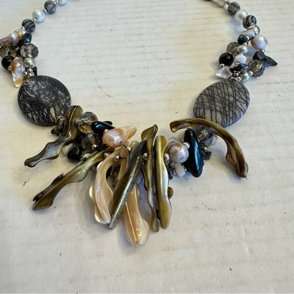 Natural Stones Necklace Abalone Shell, Zebra Jasper, Fresh Water Blister Pearls - Picture 15 of 16